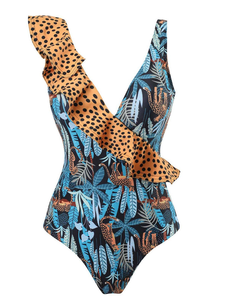 Maillot de bain et cache-maillot léopard à pois et volants années 1960