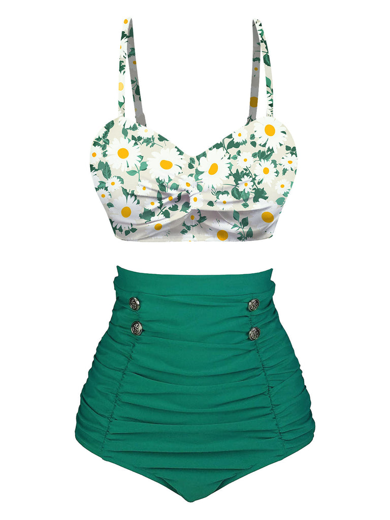 Maillot de bain vert 1950s à bretelles marguerite plissé