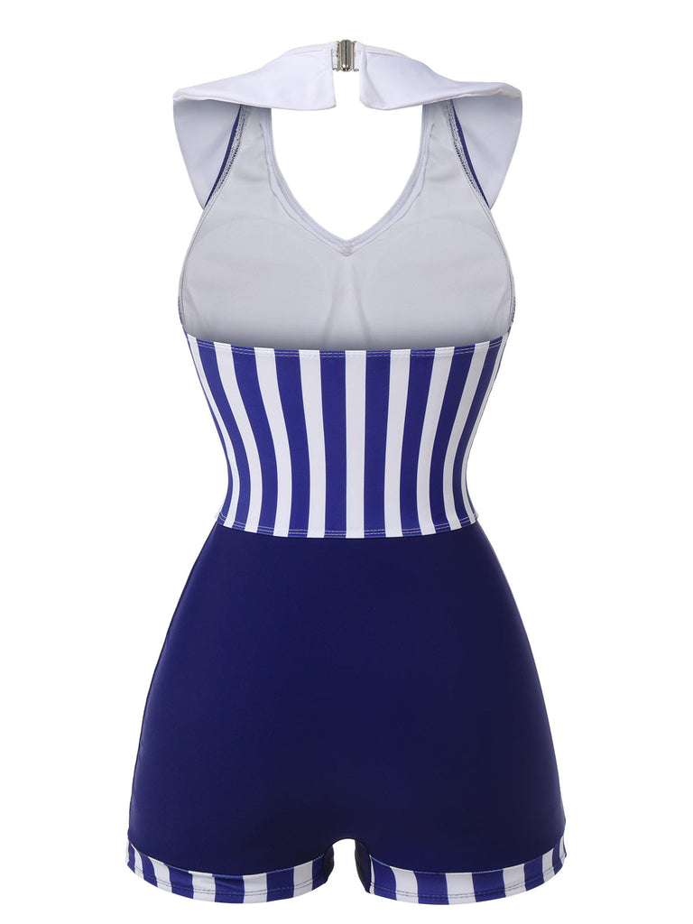 Maillot de bain bleu marine rayé à col bleu marine des années 1950