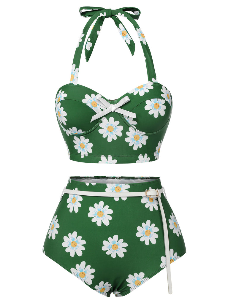 Maillot de bain dos nu marguerite vert des années 1930