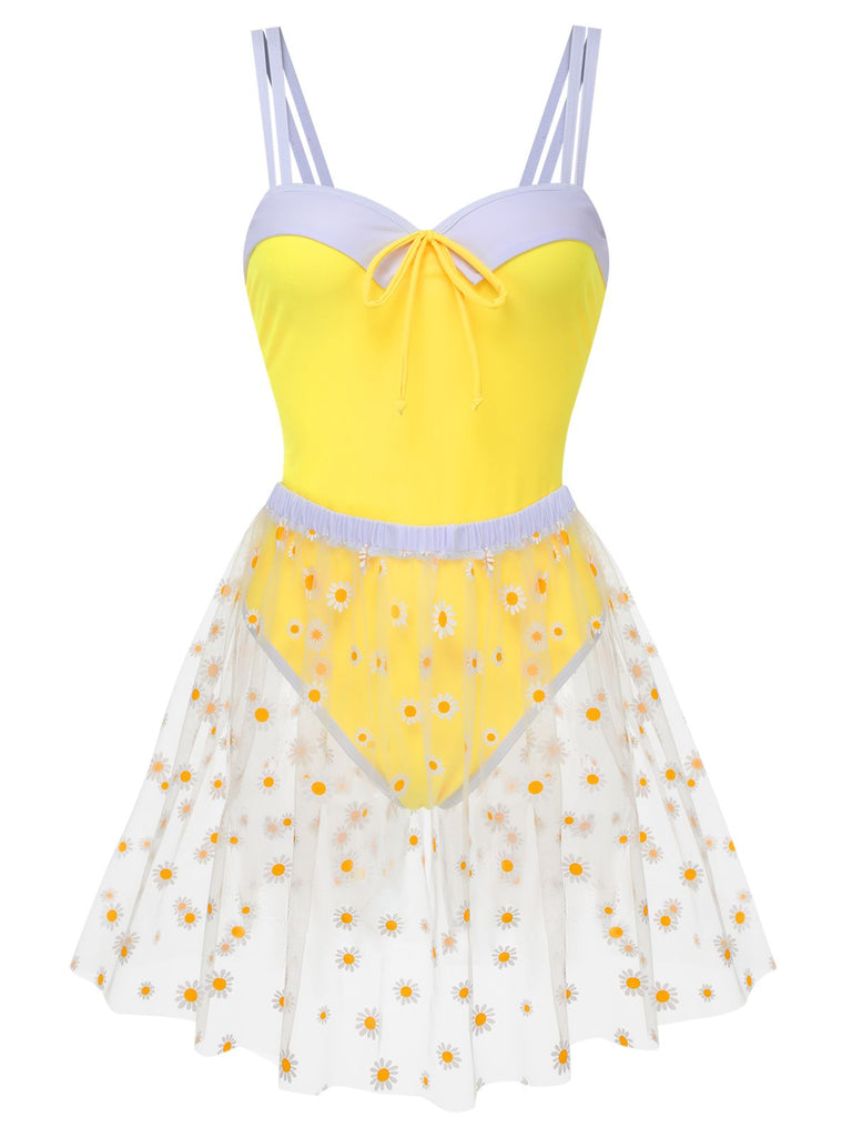 Maillot de bain à bretelles jaune et cache-maillot marguerite des années 1950