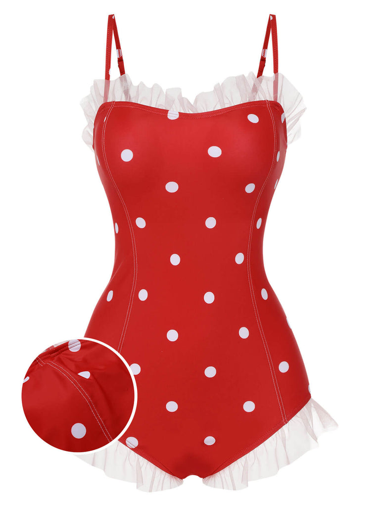 Maillot de bain rouge à pois en maille des années 1950