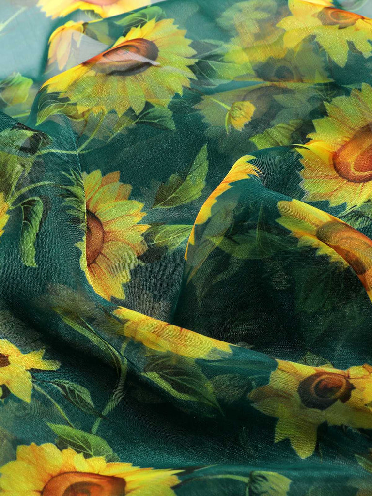 Cache Maillot de tournesols en mousseline de soie verte des années 1940