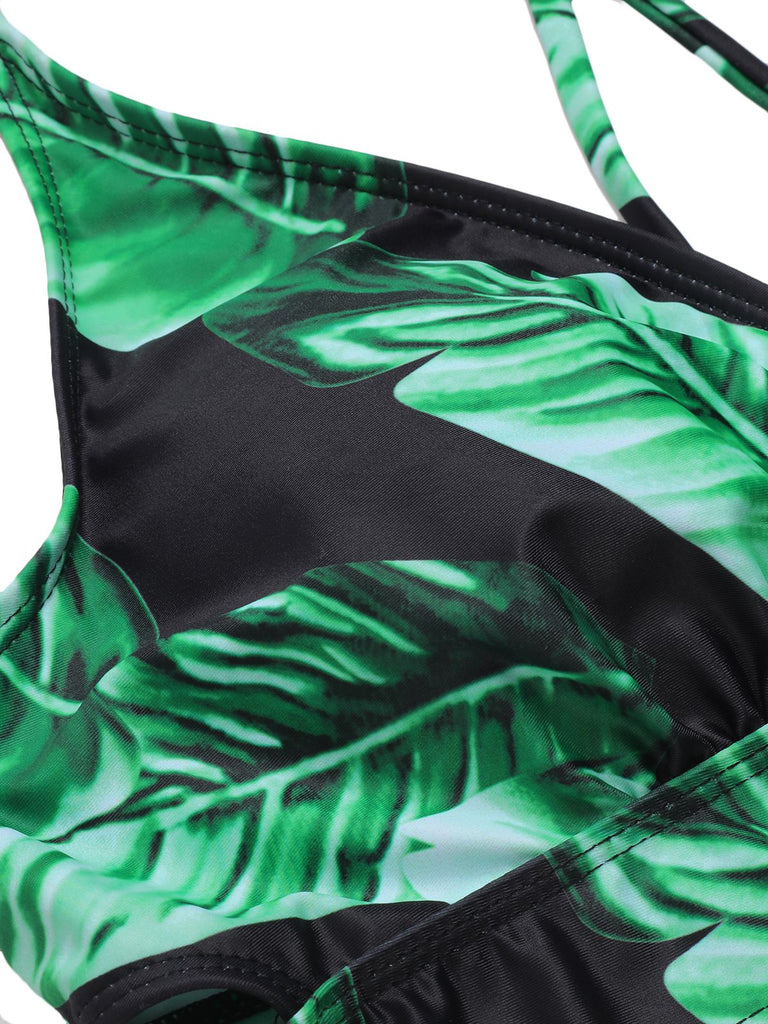 [Grande taille] Ensemble de bikini à bretelles à col en V et feuilles vertes des années 1930
