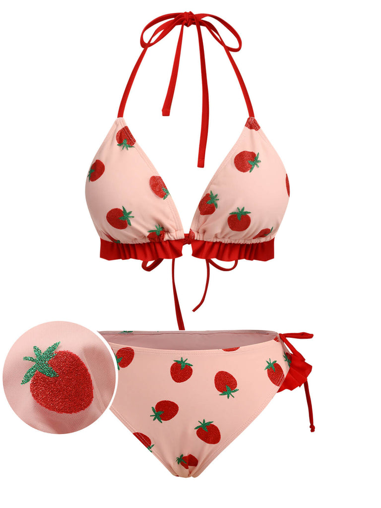 Maillot de bain rose à lacets aux fraises des années 1950