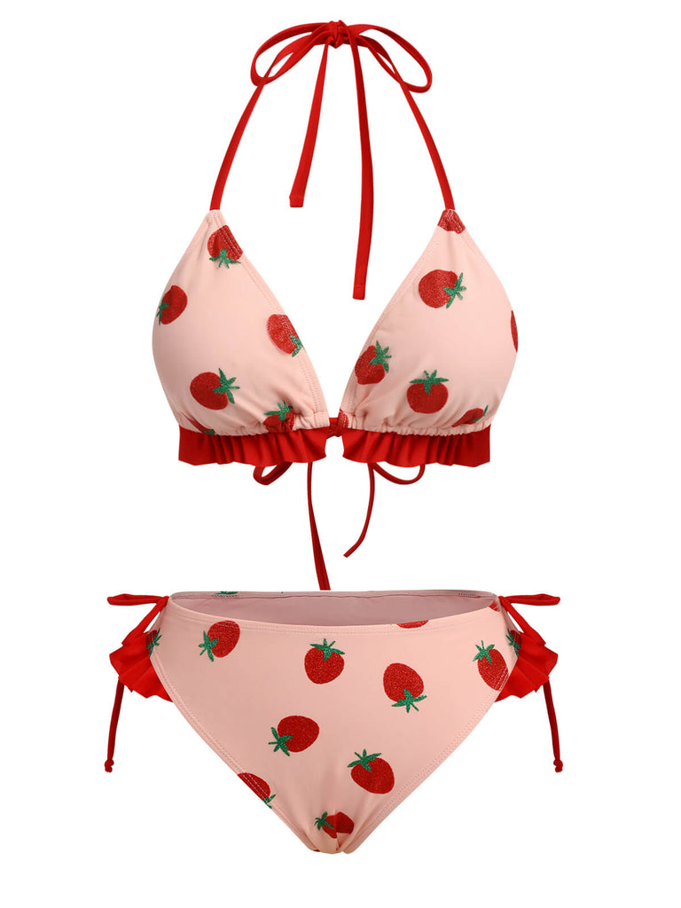 Maillot de bain rose à lacets aux fraises des années 1950