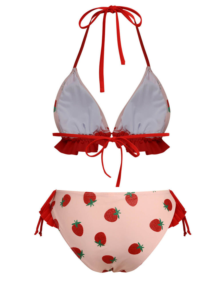 Maillot de bain rose à lacets aux fraises des années 1950