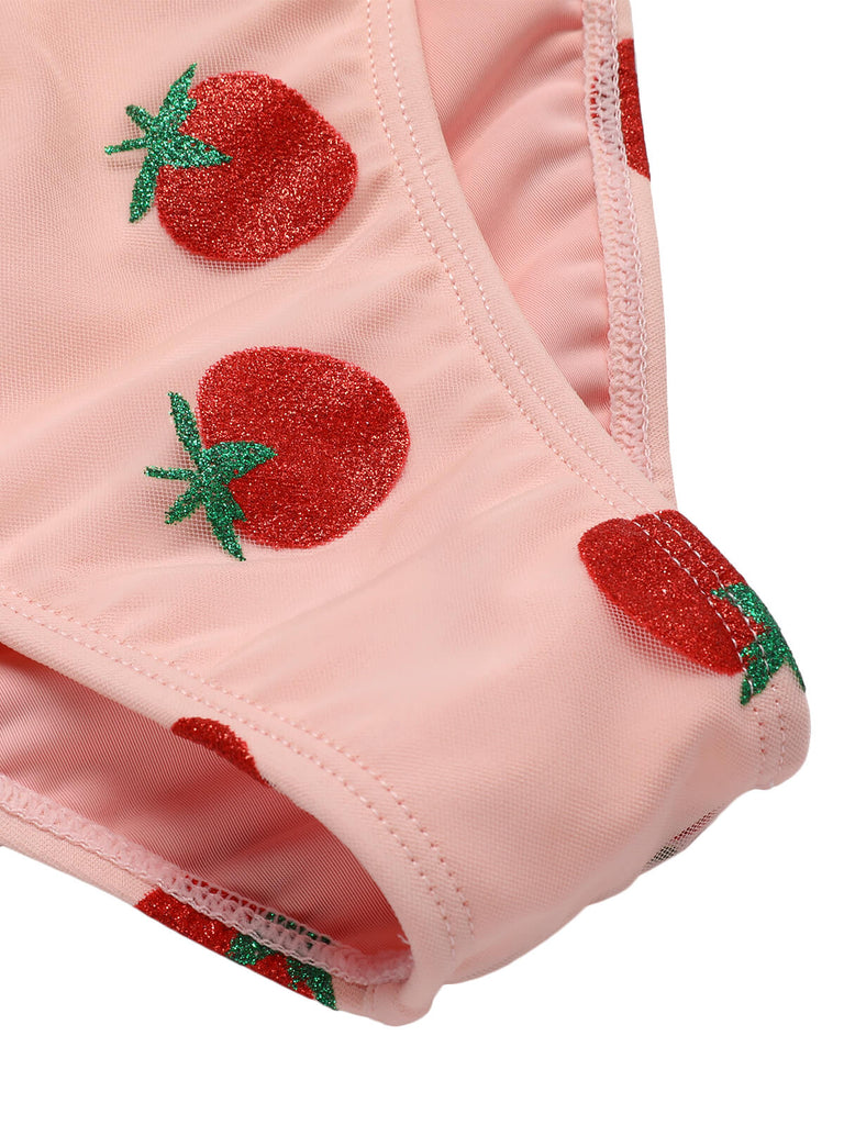 Maillot de bain rose à lacets aux fraises des années 1950