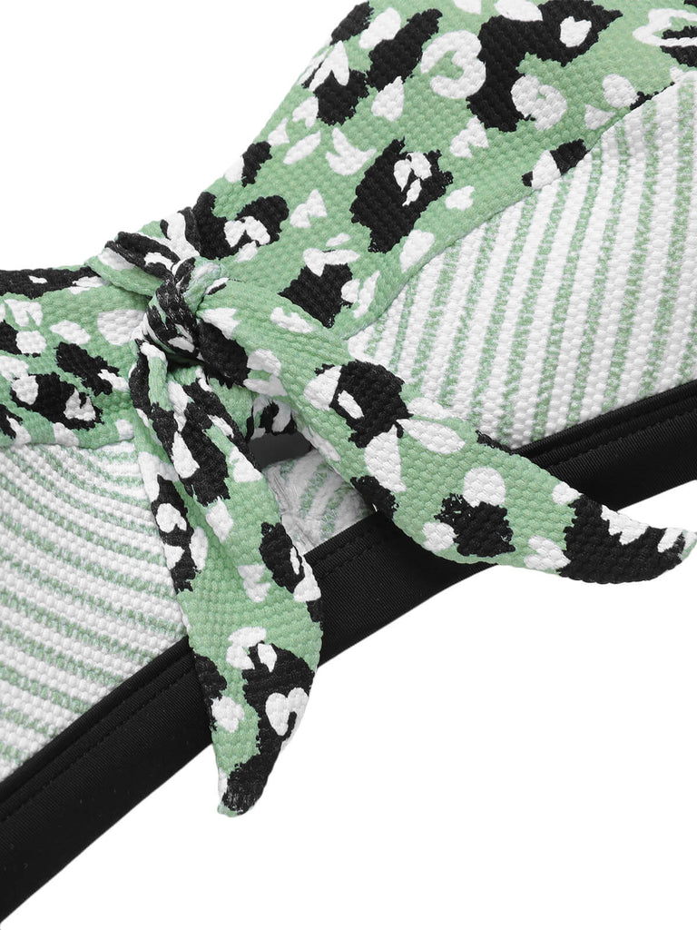 Maillot de bain licou rayé léopard patchwork des années 1950