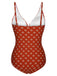 Maillot de bain à col en V et feuilles rouge brique des années 1940