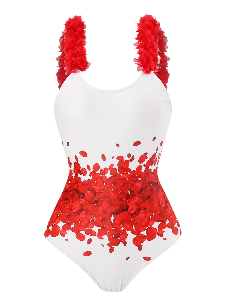 Ensemble de maillot de bain à bretelles florales rouges des années 1960