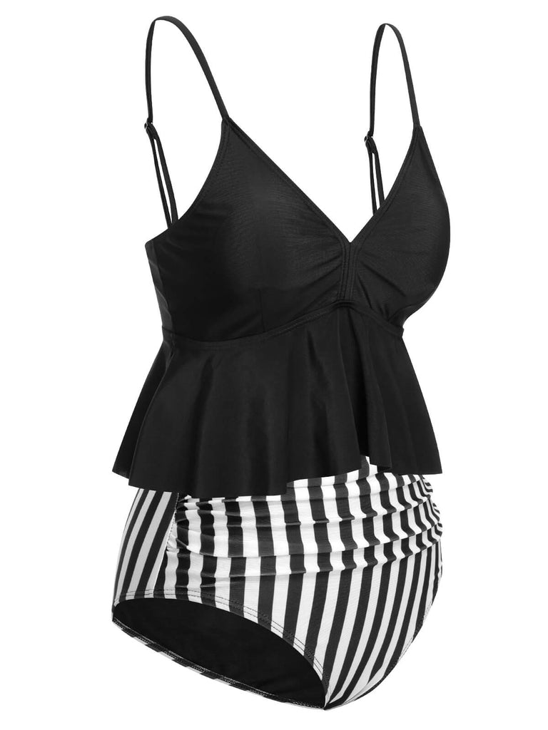 Maillot de bain à bretelles rayées noires et blanches des années 1950