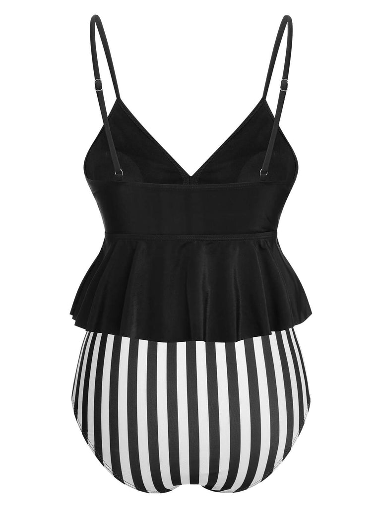 Maillot de bain à bretelles rayées noires et blanches des années 1950