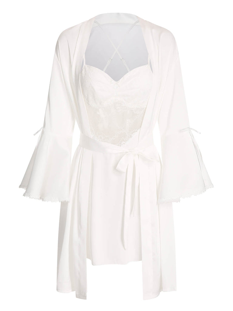 Chemise de nuit en patchwork de dentelle blanche des années 1960 2PCS