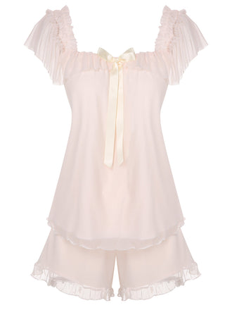 Pyjama en mousseline de soie rose à col carré et ruban des années 1950