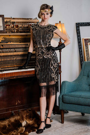 VILOREE Robe de soirée élégante des années 1920 pour femme avec franges  style rétro des années 20 Great Gatsby Cocktail Party Costume Robe noire XL  : : Mode