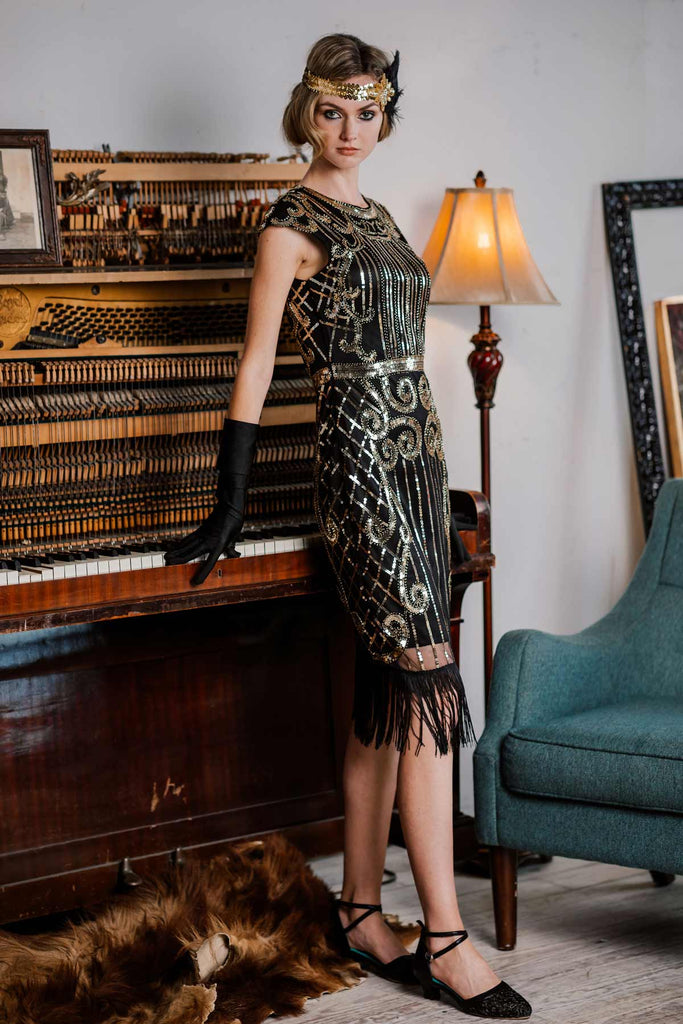 Robe Charleston Vintage Noir Année 20 Gatsby Frangée à Perles et