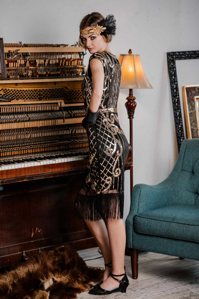 Robe Charleston Noir Cocktail Années 20 à Franges Paillettes Gatsby – Retro  Stage-France