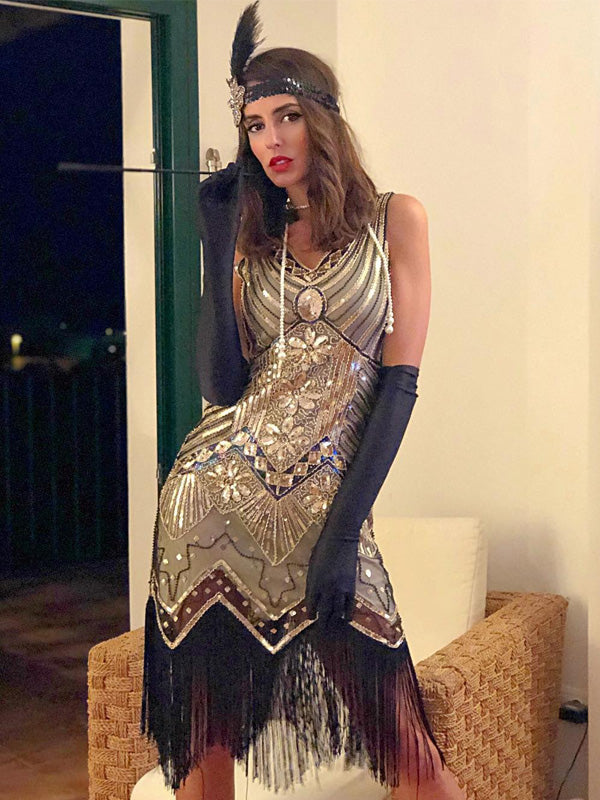 Robe Charleston Vintage Années 20 à Franges Paillettes Gatsby Cocktail Chic