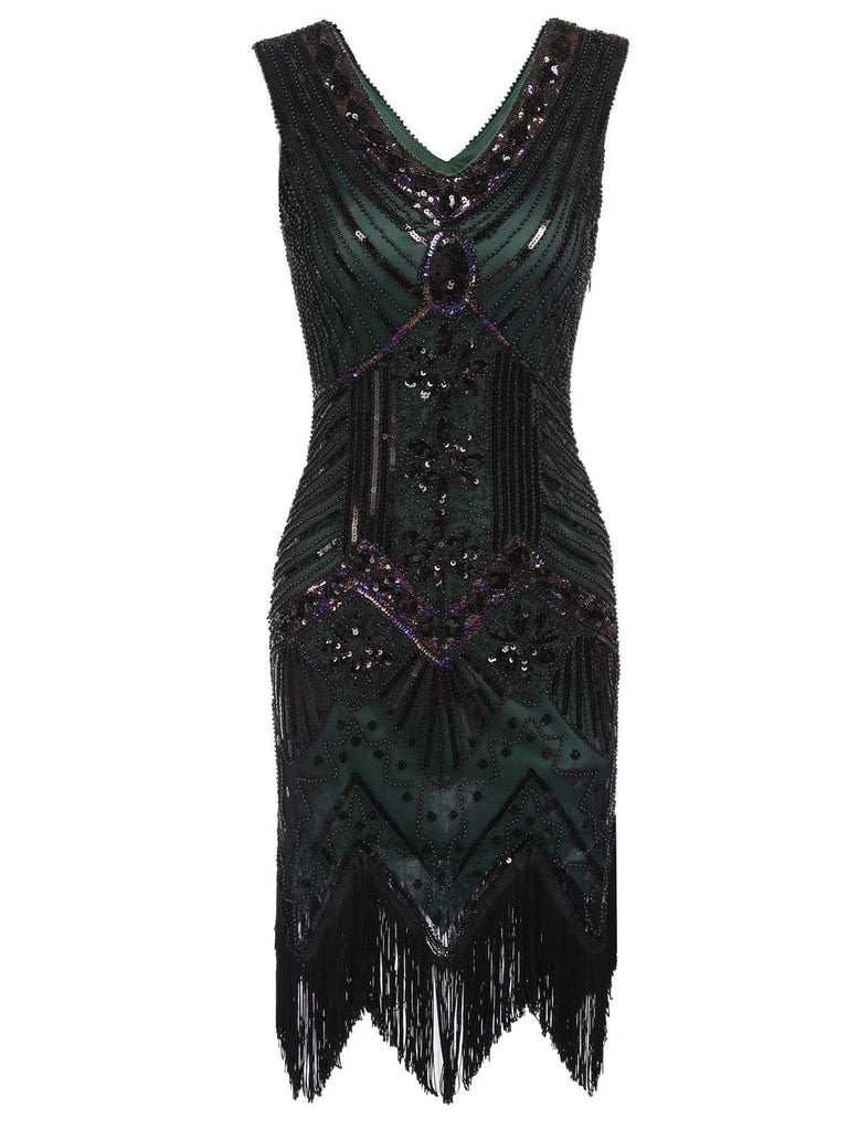[Produits en Liquidation] Robe Flapper à Paillettes Vert Foncé Années 1920
