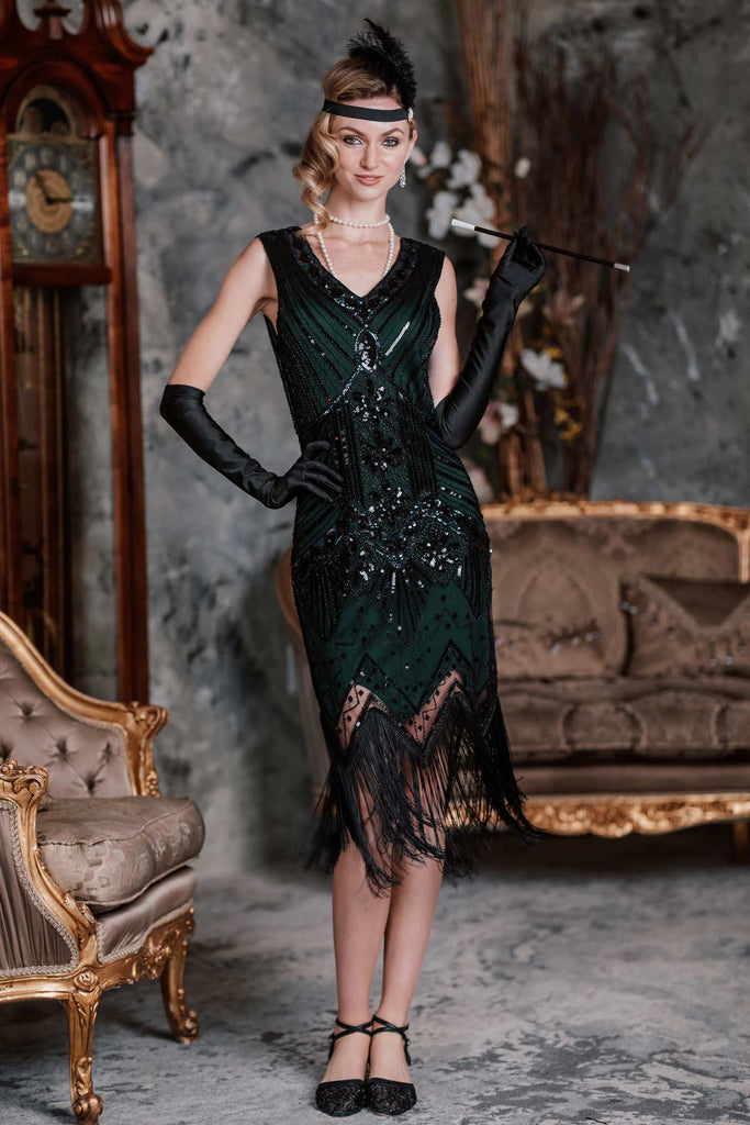 Robe Charleston Noir Cocktail Années 20 à Franges Paillettes Gatsby