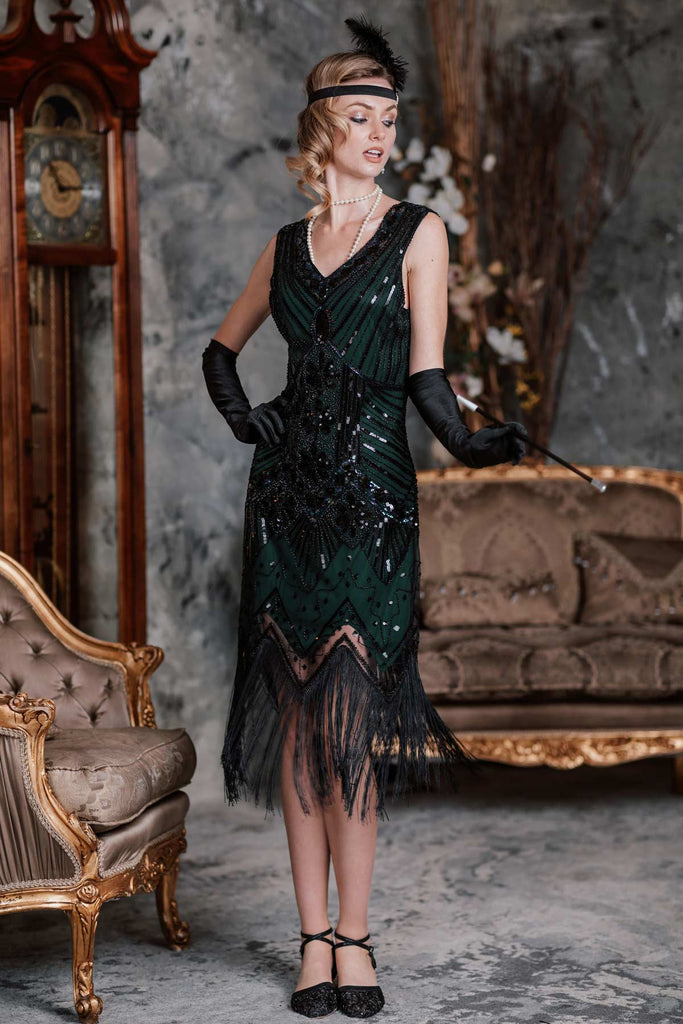 Champagne Gatsby Robe des années 20 avec paillettes et franges