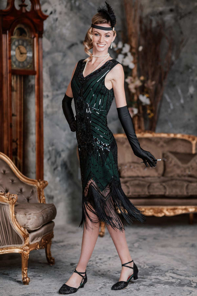 Robe Gatsby Gatsby des années 20 à franges rouges pailletés scintillantes  avec accessoires des années 20