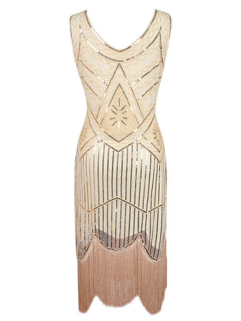 Robe Charleston Vintage Années 20 à Franges Paillettes Gatsby Beige