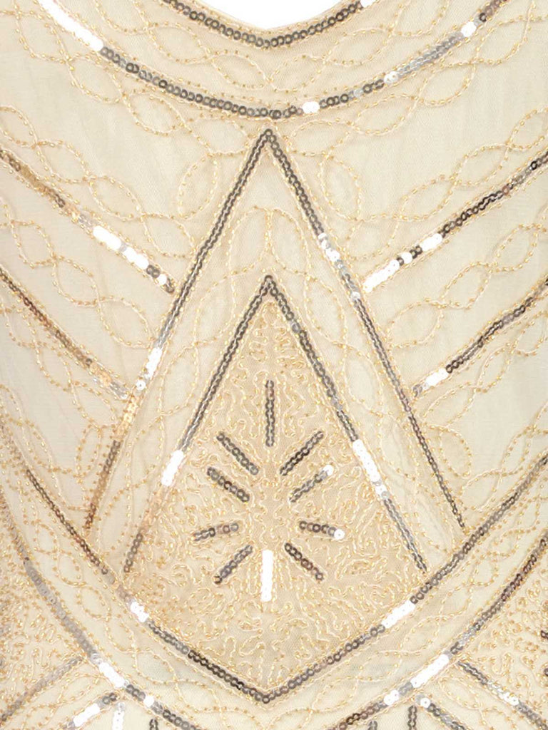 Robe Charleston Vintage Années 20 à Franges Paillettes Gatsby Beige
