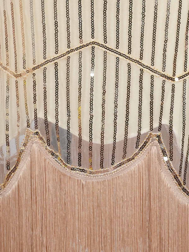 Robe Charleston Vintage Années 20 à Franges Paillettes Gatsby Beige