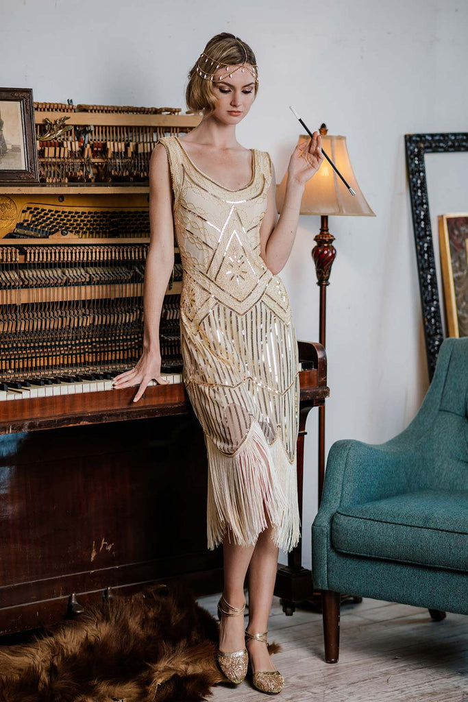 Robe Charleston Vintage Années 20 à Franges Paillettes Gatsby Beige