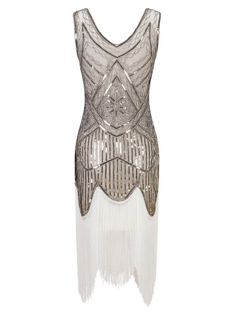 Robe Charleston Blanc Vintage Années 20 à Franges Paillettes Gatsby