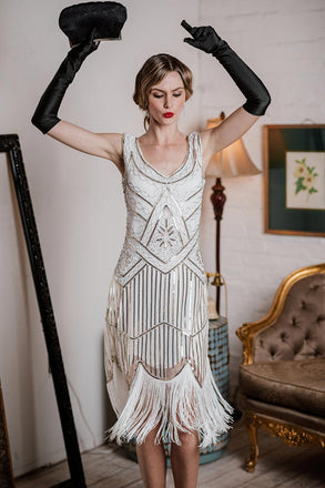 Robe Charleston Blanc Vintage Années 20 à Franges Paillettes Gatsby