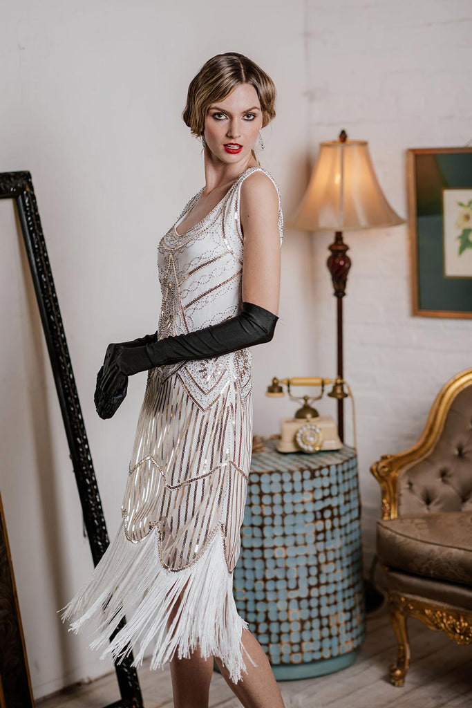 Robe Charleston Blanc Vintage Années 20 à Franges Paillettes Gatsby