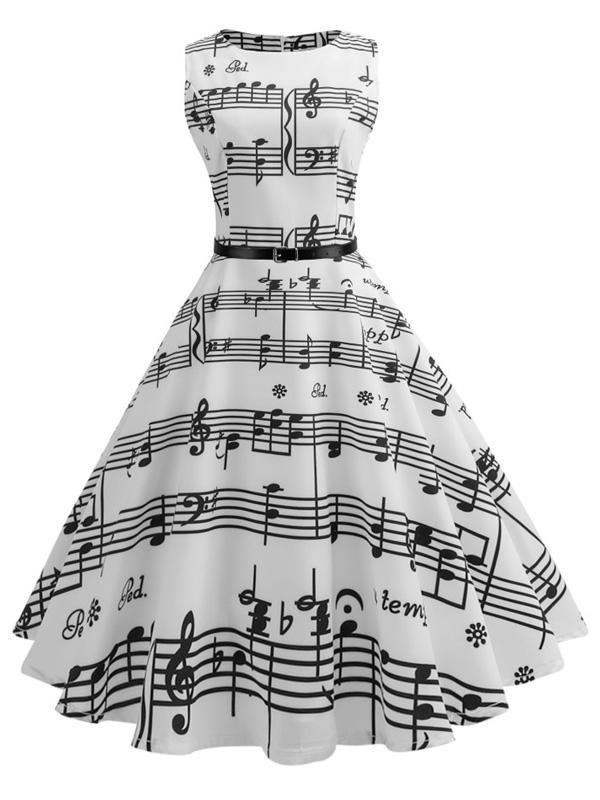 Robe Swing Vintage Année 50 Blanche avec Note Musicale Cocktail Pin Up