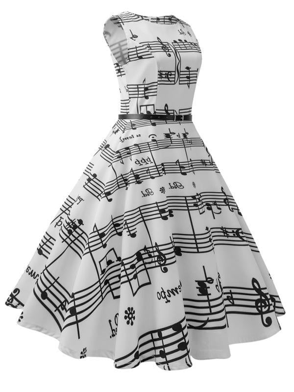Robe Swing Vintage Année 50 Blanche avec Note Musicale Cocktail Pin Up