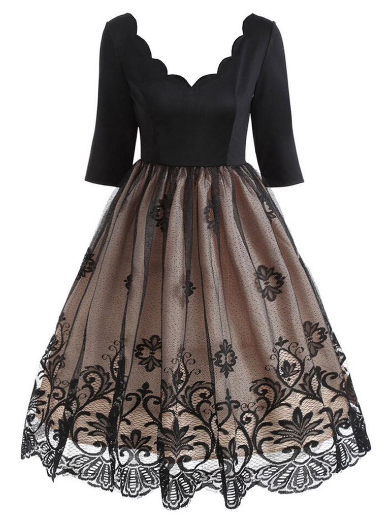 Robe Vintage Année 50 en Dentelle à Manches Longues Col V Soirée Cocktail