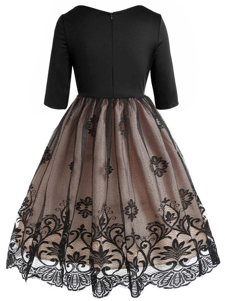 Robe Vintage Année 50 en Dentelle à Manches Longues Col V Soirée Cocktail