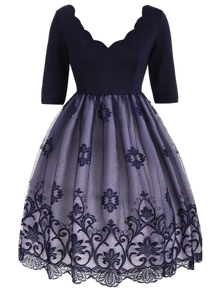 Robe Vintage Année 50 en Dentelle à Manches Longues Col V Soirée Cocktail