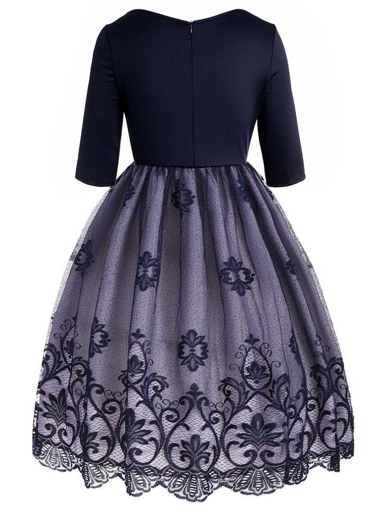 Robe Vintage Année 50 en Dentelle à Manches Longues Col V Soirée Cocktail
