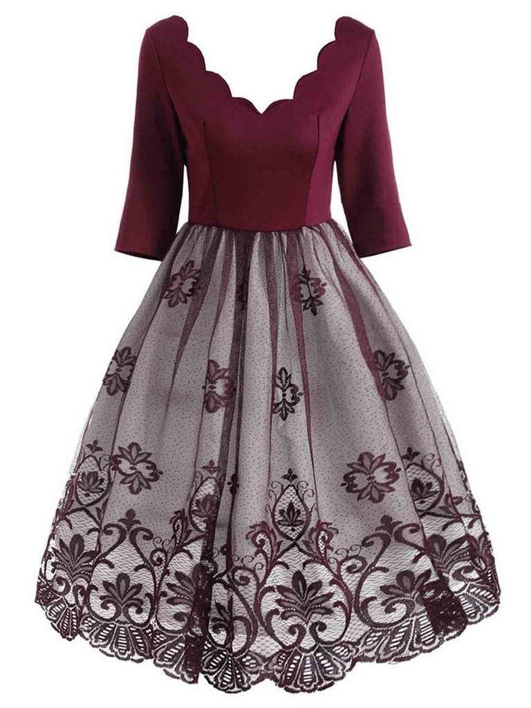 Robe Vintage Année 50 en Dentelle à Manches Longues Col V Soirée Cocktail