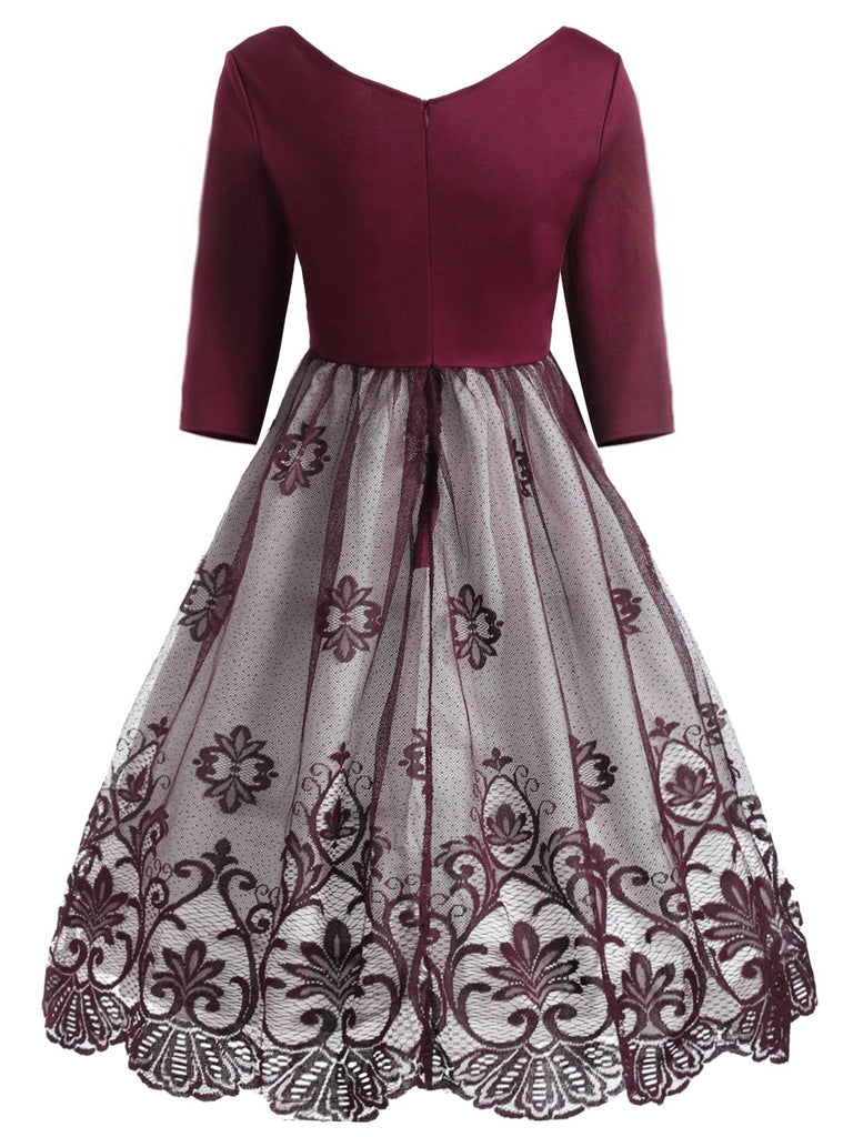 Robe Vintage Année 50 en Dentelle à Manches Longues Col V Soirée Cocktail