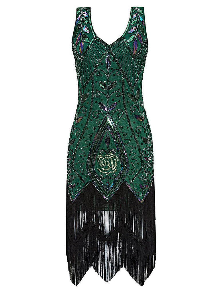 Robe Gatsby noire et dorée à franges et paillettes - Retro Verso