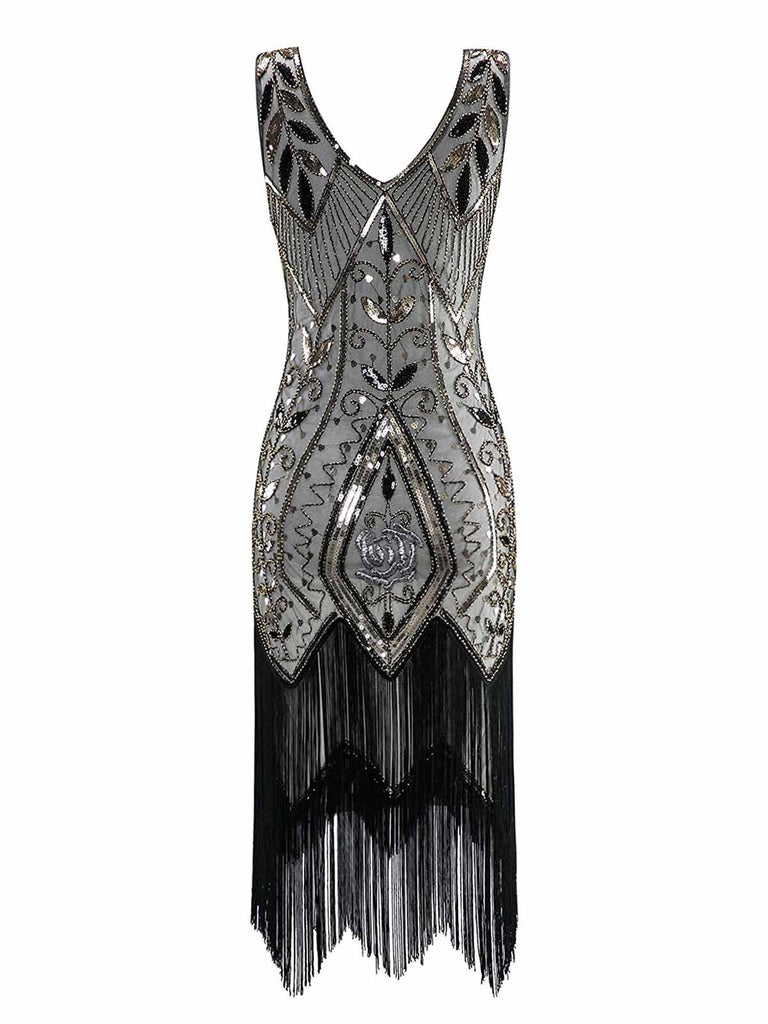 Robe De Cocktail Gatsby Années 1920 Avec Franges Et Paillettes - Sans Manches, Dos Nu, 100% Polyester - 1