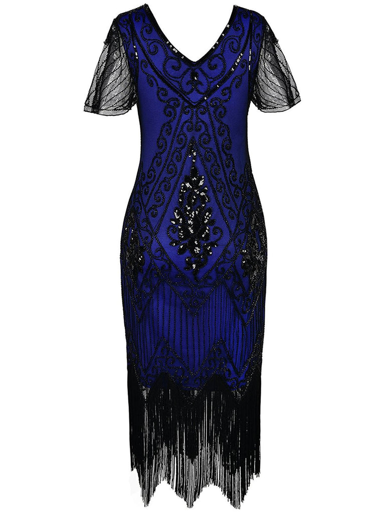 Robe Charleston Gatsby Vintage Bleu Années 20 à Paillettes avec Nœud Papillon