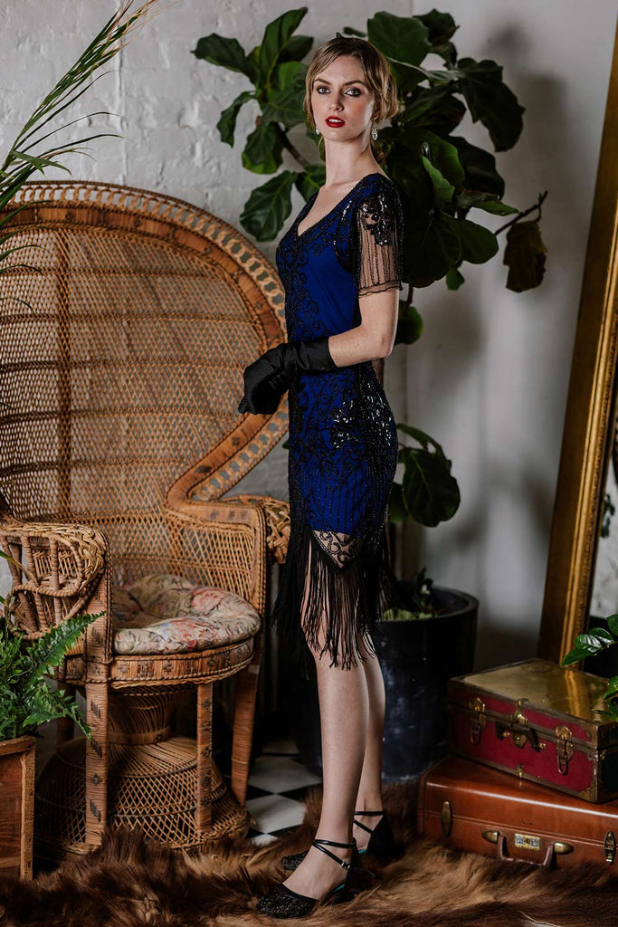 Robe Charleston Gatsby Vintage Bleu Années 20 à Paillettes avec Nœud Papillon
