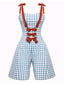 Combishort bleu clair à bretelles années 1950 à carreaux avec nœud