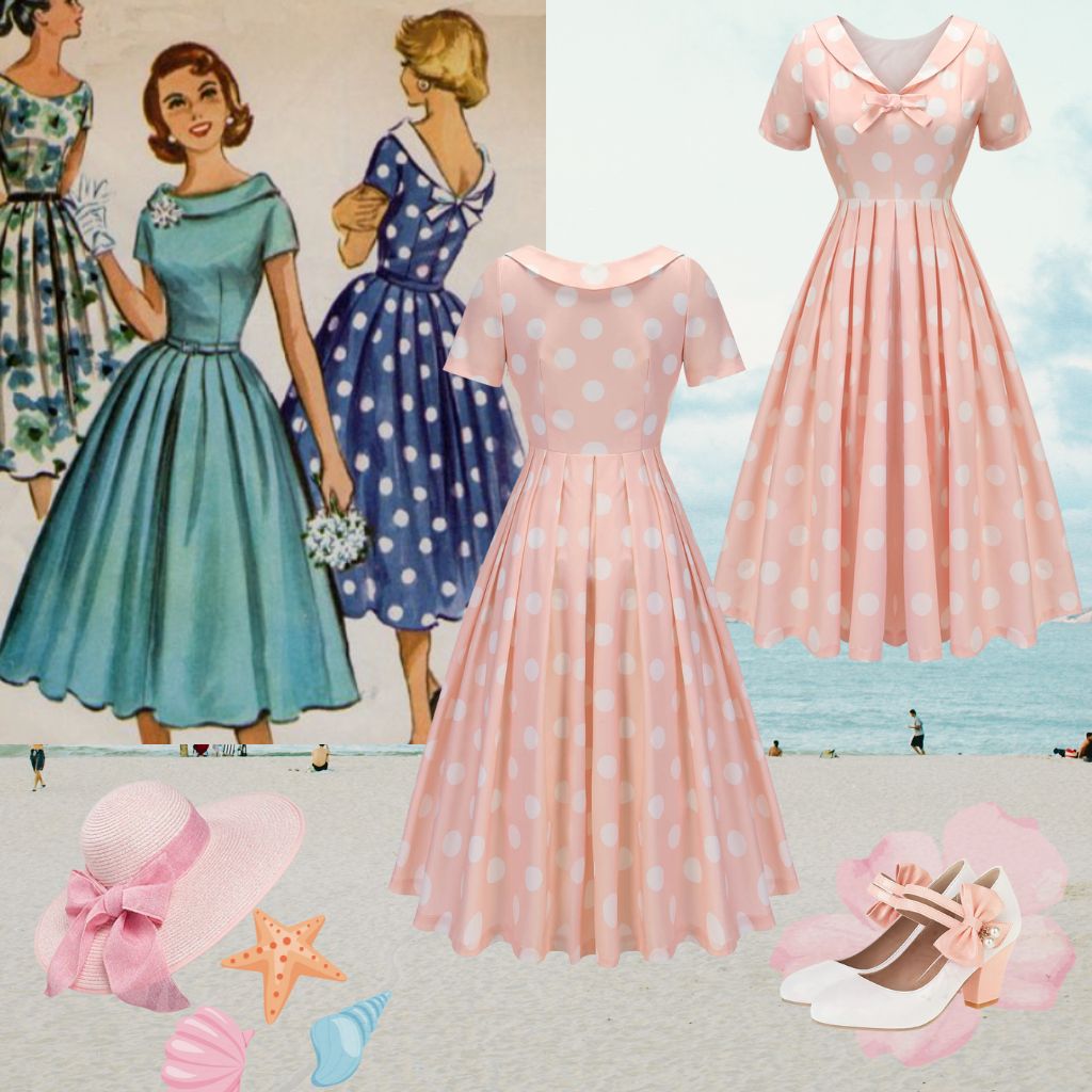 Robe rose pêche à pois années 1940 à manches courtes