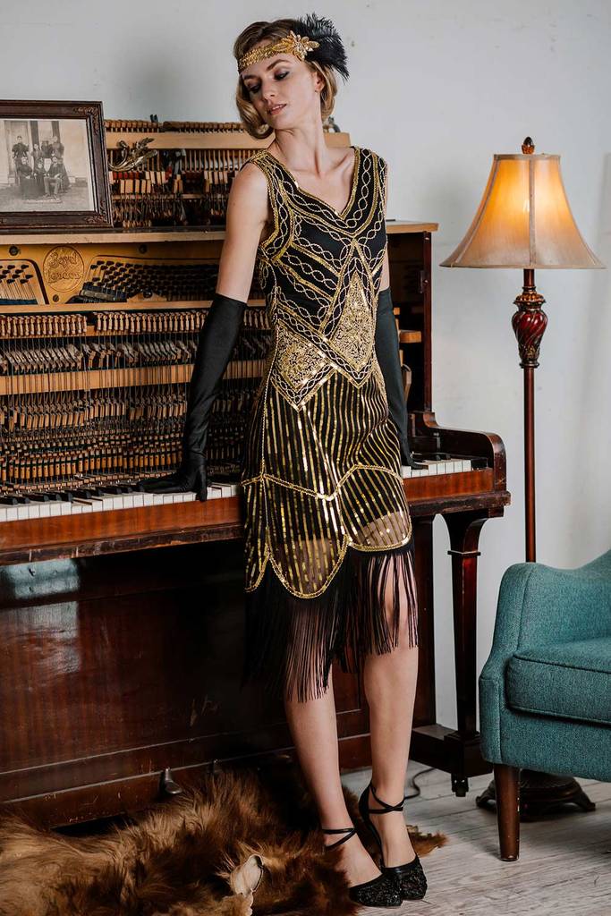 Robe Charleston Vintage Années 20 Gatsby à Paillettes Dorée Cocktail