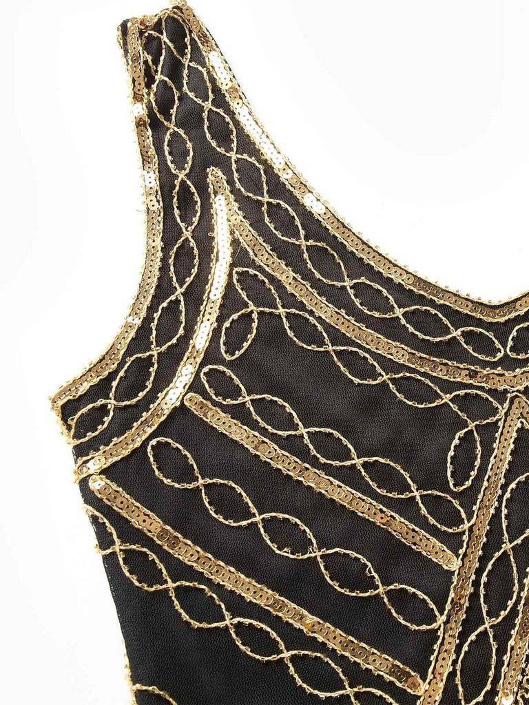 Robe Gatsby noire et dorée à franges et paillettes - Retro Verso